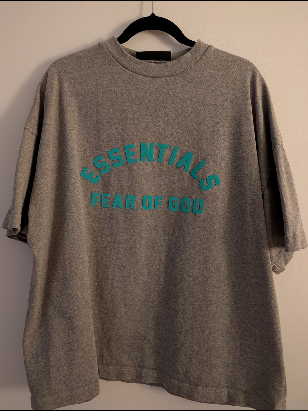 Fear of God Essentials Gray Tee with Teal Logo